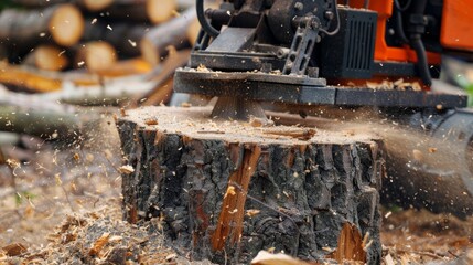 A powerful chainsaw cuts through a wooden stump, creating flying wood chips and sawdust in a forested environment.