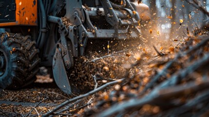 A powerful machine efficiently clears fallen branches and debris in a forest, creating a cloud of dust and flying particles.
