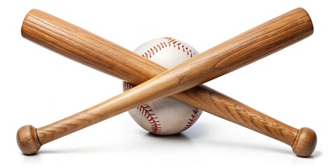 Vintage wooden baseball bats crossed over a lone baseball, set against a pure white background, evoking nostalgia for America's favorite pastime and summer memories.