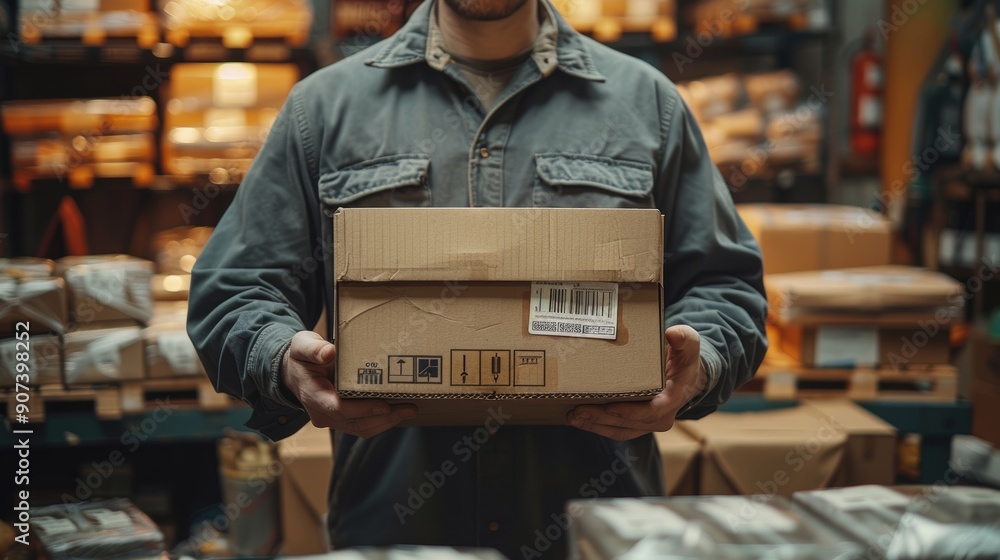 Poster warehouse worker holding package amidst stacked boxes during busy shipping day. generative ai