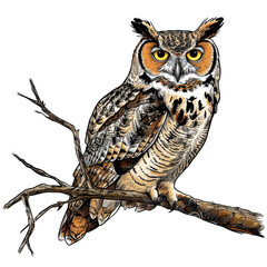 Obraz premium Detailed Animal Sticker of a Majestic Owl Perched on a Branch with Intricate Feather Patterns and Bright Eyes