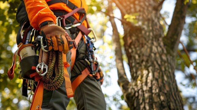 Arborist equipped with safety gear prepares for tree climbing in a sunlit forest, showcasing tools and climbing harness.