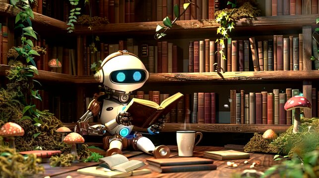  A robot sits on a wooden floor surrounded by bookshelves and plants, reading a book with a steaming cup of coffee. Seamless loop video background