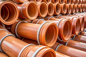 Close-up of newly installed PVC gravity sewer pipes with visible fittings and connections, showcasing the textured surface and ridged joints of the durable piping system.