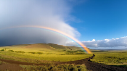 Naklejka premium a pastel-colored rainbow arching across a serene sky, with fluffy clouds