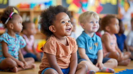 Group of Pre school children taking part at story time, mixed race group of toddlers, sitting in classroom