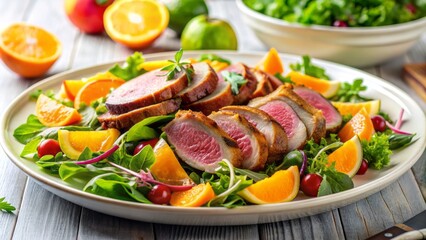 Fresh and healthy salad composition featuring a crispy roasted duck, juicy orange slices, and colorful mixed vegetables on a clean light background with ample copy space.