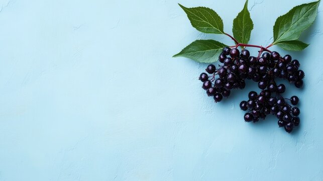 A juicy elderberry fruit on a light blue background, leaving space for text.