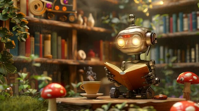 Robot reading in library with a steaming cup of coffee and plants. Seamless loop video background
