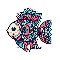 Vibrant Ornamental Fish Illustration with Intricate Patterns and Floral Elements in Bold Colors