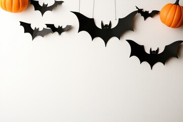 Naklejka premium Elegant Halloween wall art with pumpkins and bats, clean and beautiful background, minimalistic design, festive and stylish, copy space