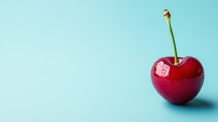 A juicy surinam cherry on a light blue background, leaving room for text.