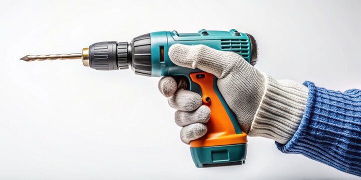 A gloved hand grasping an electric screwdriver on a pristine white background, showcasing precision and control in a professional workshop or industrial setting.