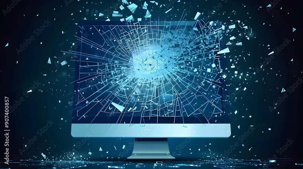 Poster shattered digital interface with pixel glitches and corrupted background
