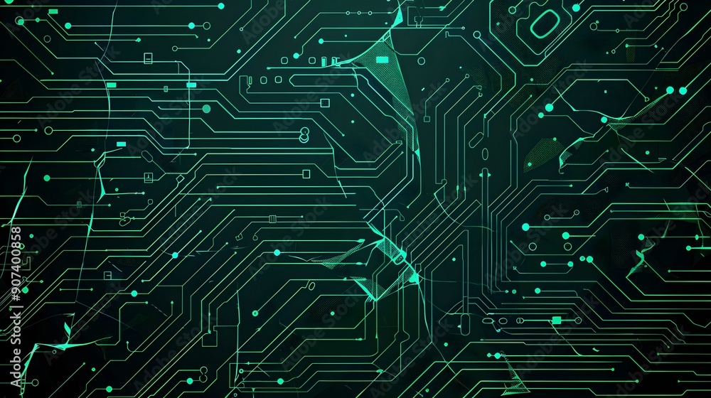 Poster fractured and distorted abstract circuit diagram with digital glitch effects