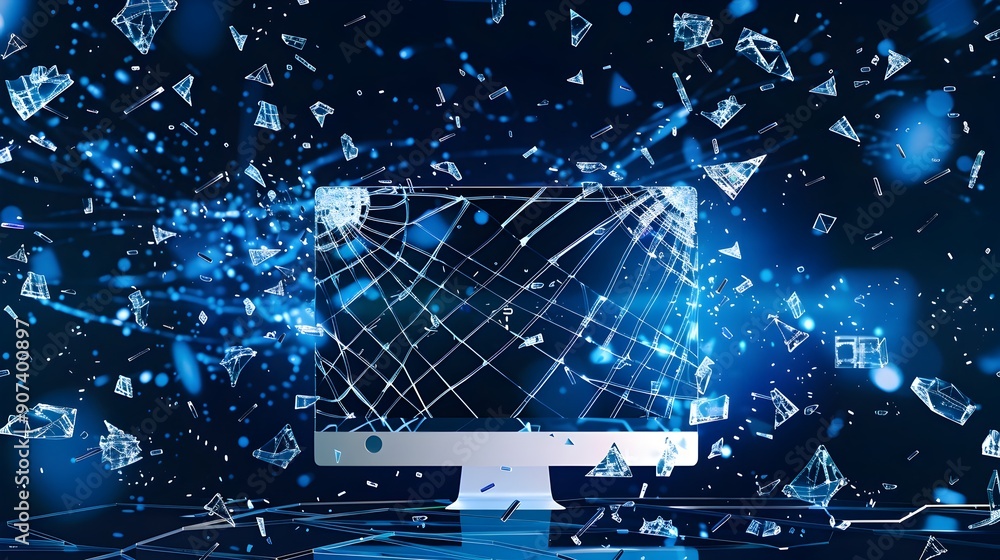 Poster damaged computer desktop interface with shattered glass and pixel glitches