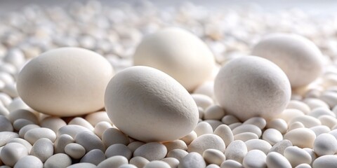 Delicate white eggs artfully arranged on a bed of smooth pebbles, creating a serene and peaceful still life composition with natural textures and subtle tones.