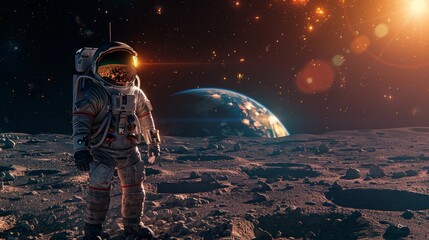 Obraz premium Astronaut Standing on the Moon's Surface With Earth Visible in the Background During a Cosmic Adventure. Generative AI
