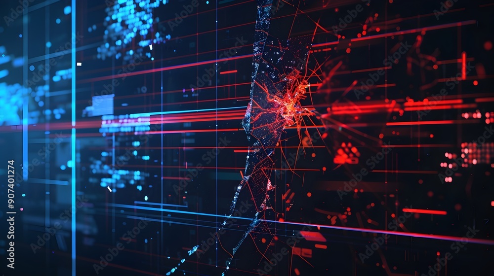 Poster cracked digital display with glitchy interface elements in