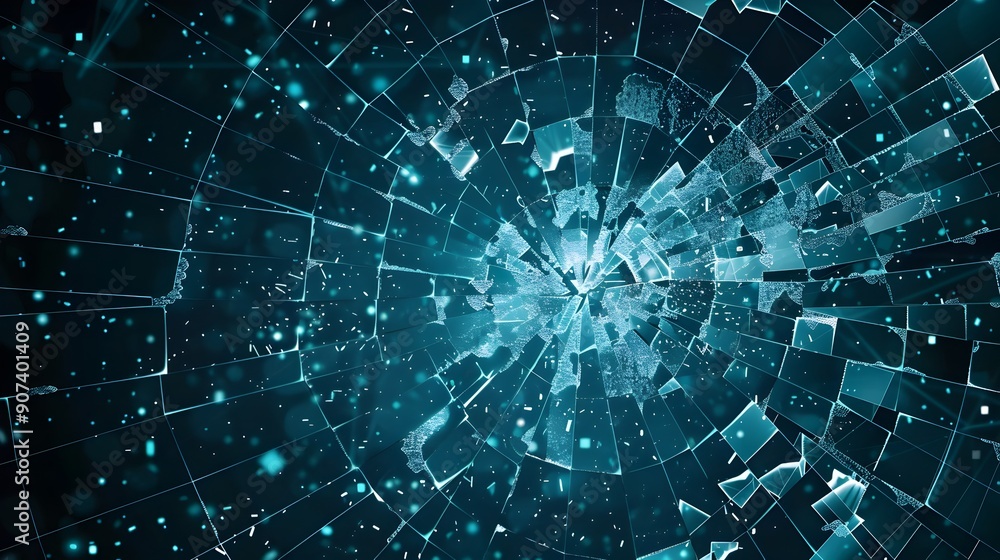 Aufkleber stylized shattered digital screen with glitch patterns and fractured textures