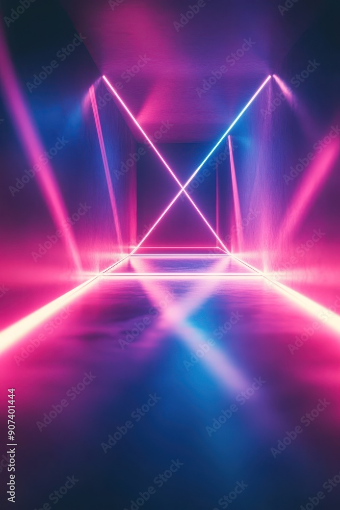 Poster minimal abstract background with neon light accents forming geometric patterns, ideal for conveying 