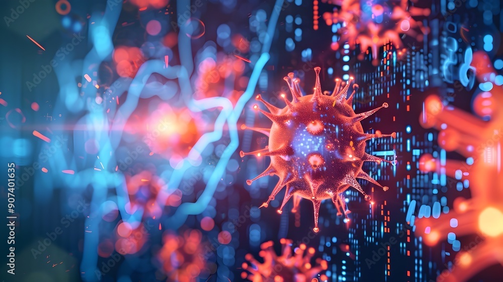 Poster abstract computer virus with visible damage effects concept for cybersecurity