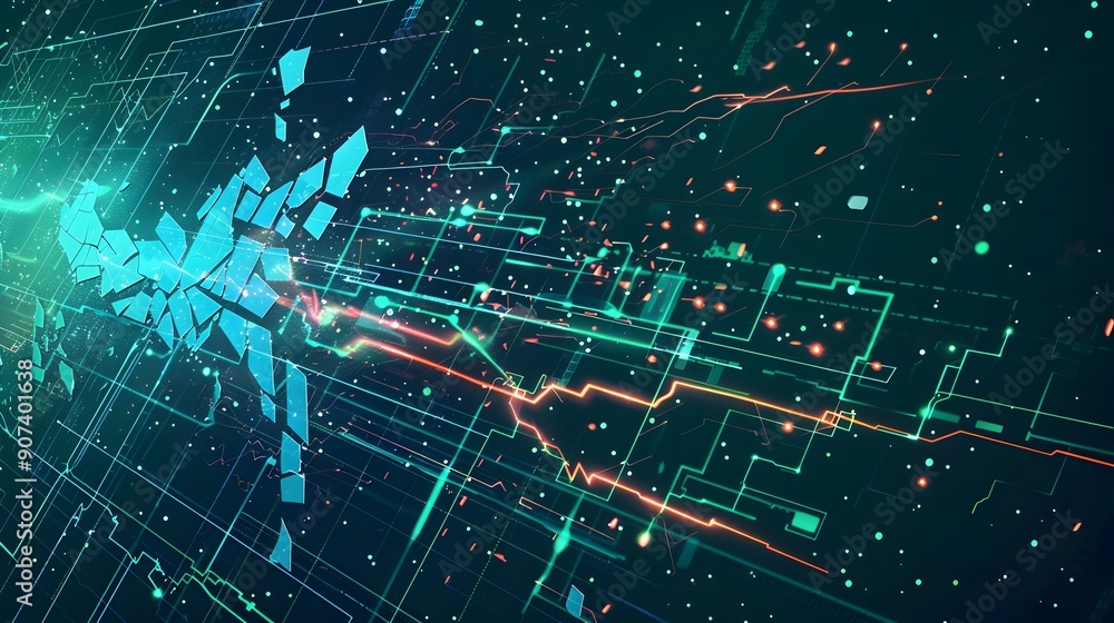 Poster fragmented digital stream with glitch noise and cracks rendering