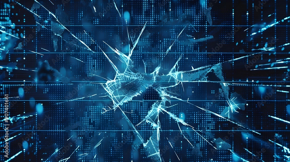 Poster cracked digital interface with pixel distortions - futuristic broken tech screen background