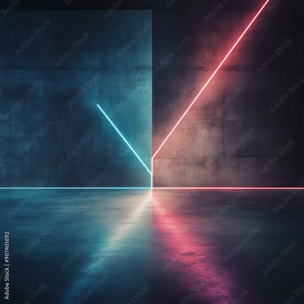 Poster minimal abstract composition with neon lines converging towards a central point, symbolizing innovat