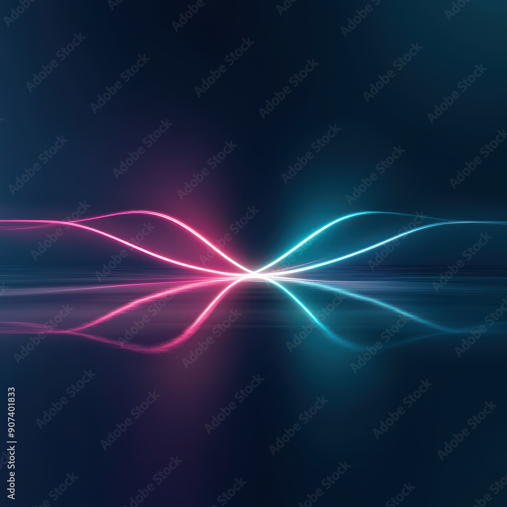 Poster minimal abstract composition with neon lines converging towards a central point, symbolizing innovat