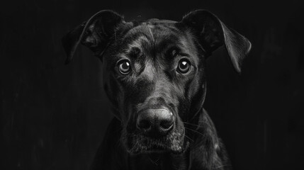 Dark black and white portrait of a dogs head on black background. Generative AI