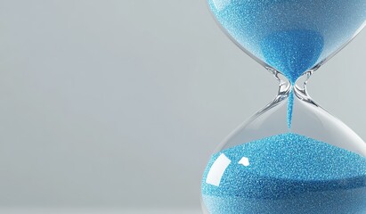 Close-Up of Blue Sand Flowing in Hourglass Against Grey Background, Symbolizing the Passage of Time with Copy Space