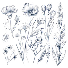 Elegant Botanical Illustration of Beautiful Flowers in Monochrome for Nature and Floral Art Enthusiasts