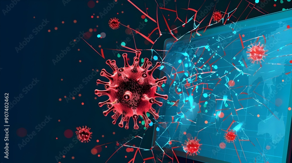 Poster stylized computer virus attacking cracked digital screen cybersecurity background