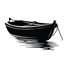 Black and white illustration of a small boat on the water.