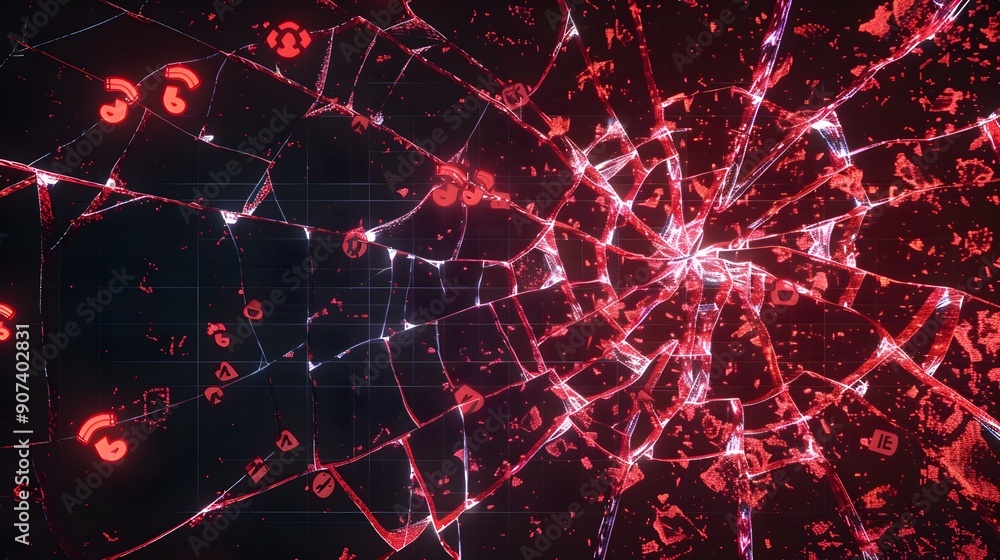 Poster cracked digital screen with glowing red warning symbols,futuristic system error background