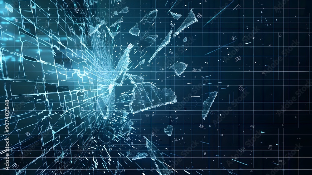 Poster glitchy digital interface with noise,cracks,and malfunctioning computer background