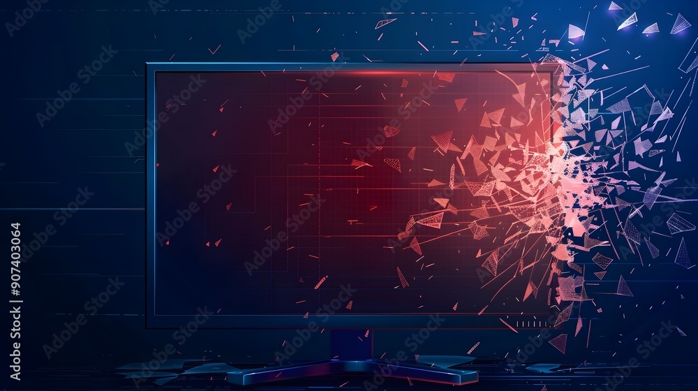 Poster stylized damaged computer display with glitch effects