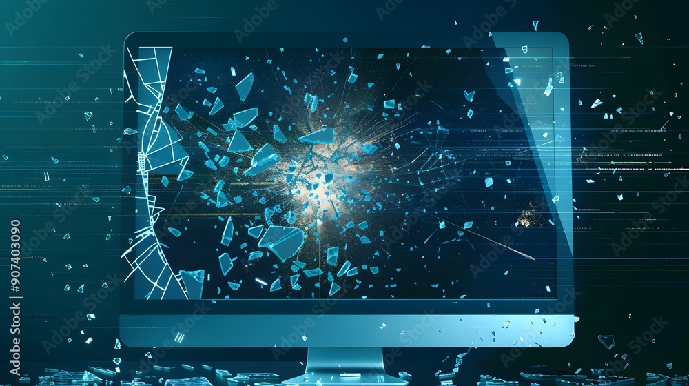 Poster stylized damaged computer display with glitch effects