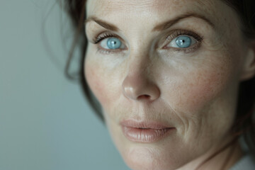 Fototapeta premium Close-up Portrait of an Elegant Mature Woman with Striking Blue Eyes and Freckled Skin