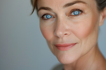Close-up portrait of a mature woman with striking blue eyes and a serene smile, highlighting her natural beauty and graceful aging in a soft, minimalist setting