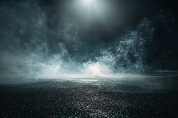 Black background of empty street, room, spotlight illuminates asphalt, smoke with generative ai