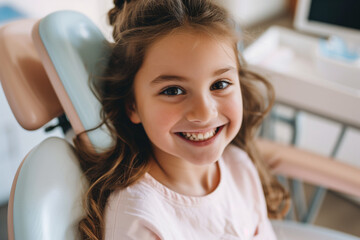Joyful Young Girl Smiling Brightly in a Dentist Chair with Long Brown Hair and Sparkling Eyes