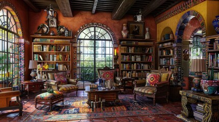 Obraz premium A home library with a vibrant, Mexican hacienda theme, featuring bold colors, traditional tile work, and rustic wooden furniture.