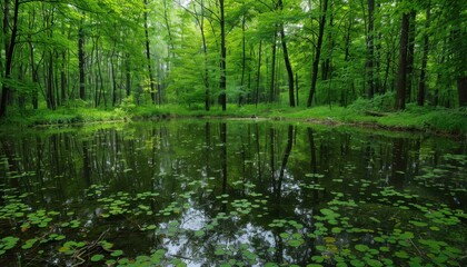 Tranquil Green Forest Pond Reflection on a Summer Day