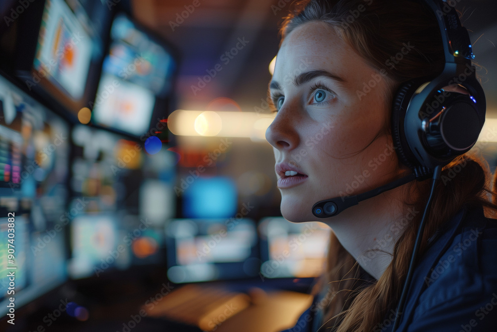 Poster focused female professional monitoring data in a high-tech control room, equipped with multiple scre