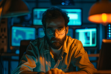 Fototapeta premium Man in Control Room at Night: Intense Stare with Reflective Glasses, Surrounded by Blue-Lit Monitors, Adding a Sense of Mystery and Deep Focus, Perfect for Themes Involving Surveillance, Security
