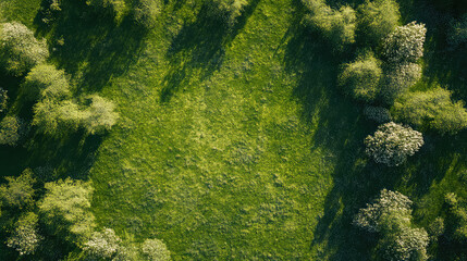 Top view bright green grass field and flower background