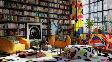 Fototapeta premium A home library with a vibrant, pop art design, featuring bold colors, graphic prints, and modern furniture.