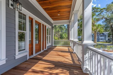 Front Porch with Pine Ceiling, White Trim, and Wood Deck Flooring, Featuring Classic and Inviting Design